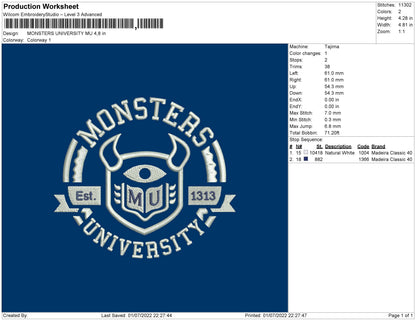 Monster University MU Embroidery File 4 sizes