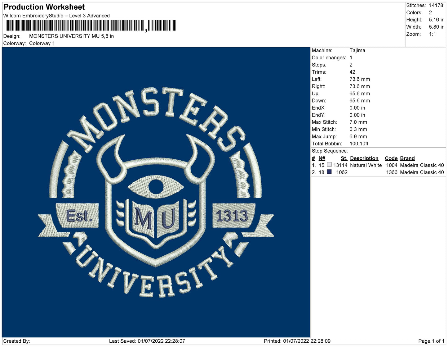 Monster University MU Embroidery File 4 sizes