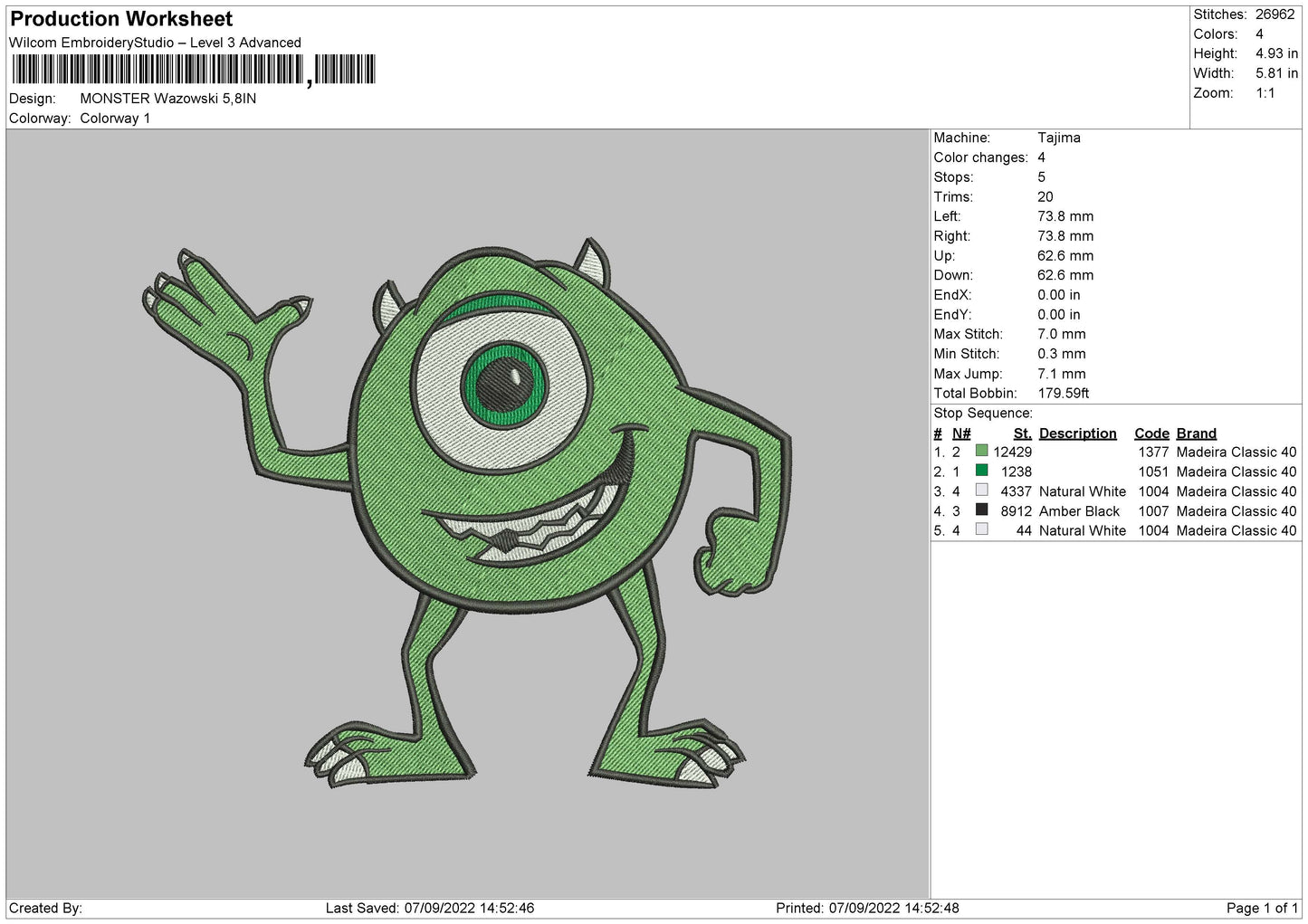 Monster Mike Embroidery File 5 sizes