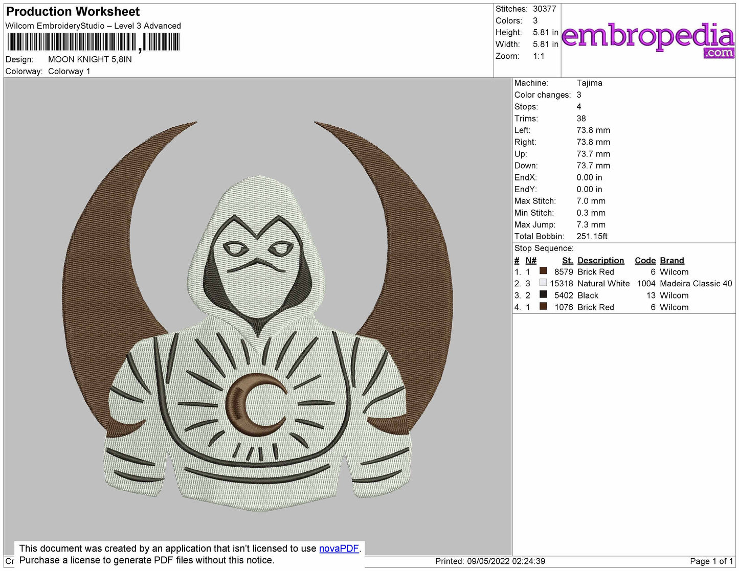 Moon Knight Embroidery File 4 size