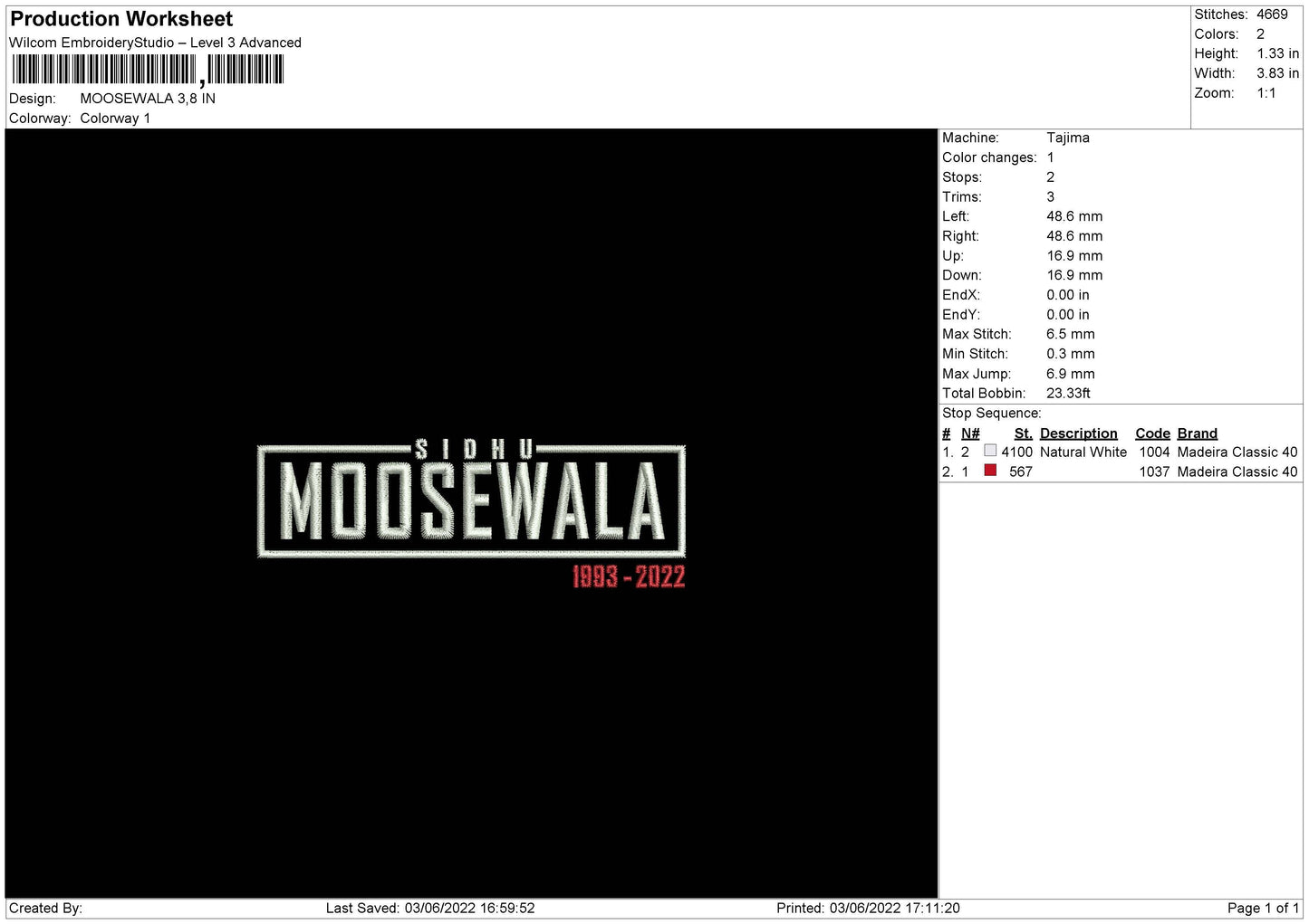 Moosewala Embroidery File 4 size