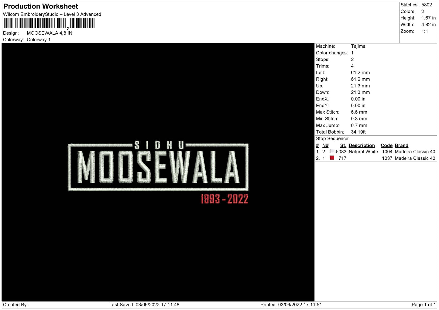 Moosewala Embroidery File 4 size