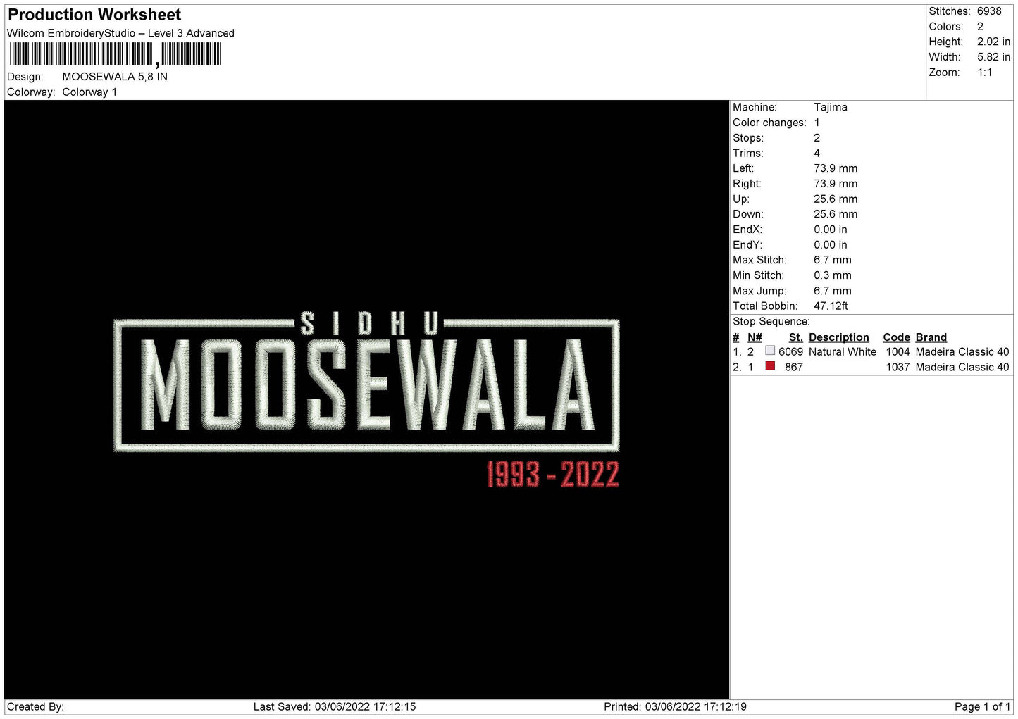Moosewala Embroidery File 4 size