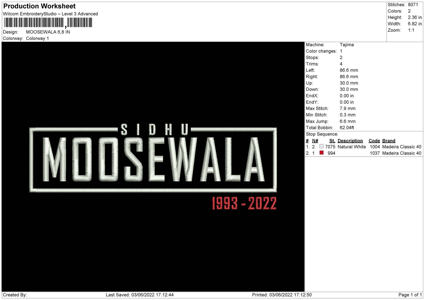 Moosewala Embroidery File 4 size