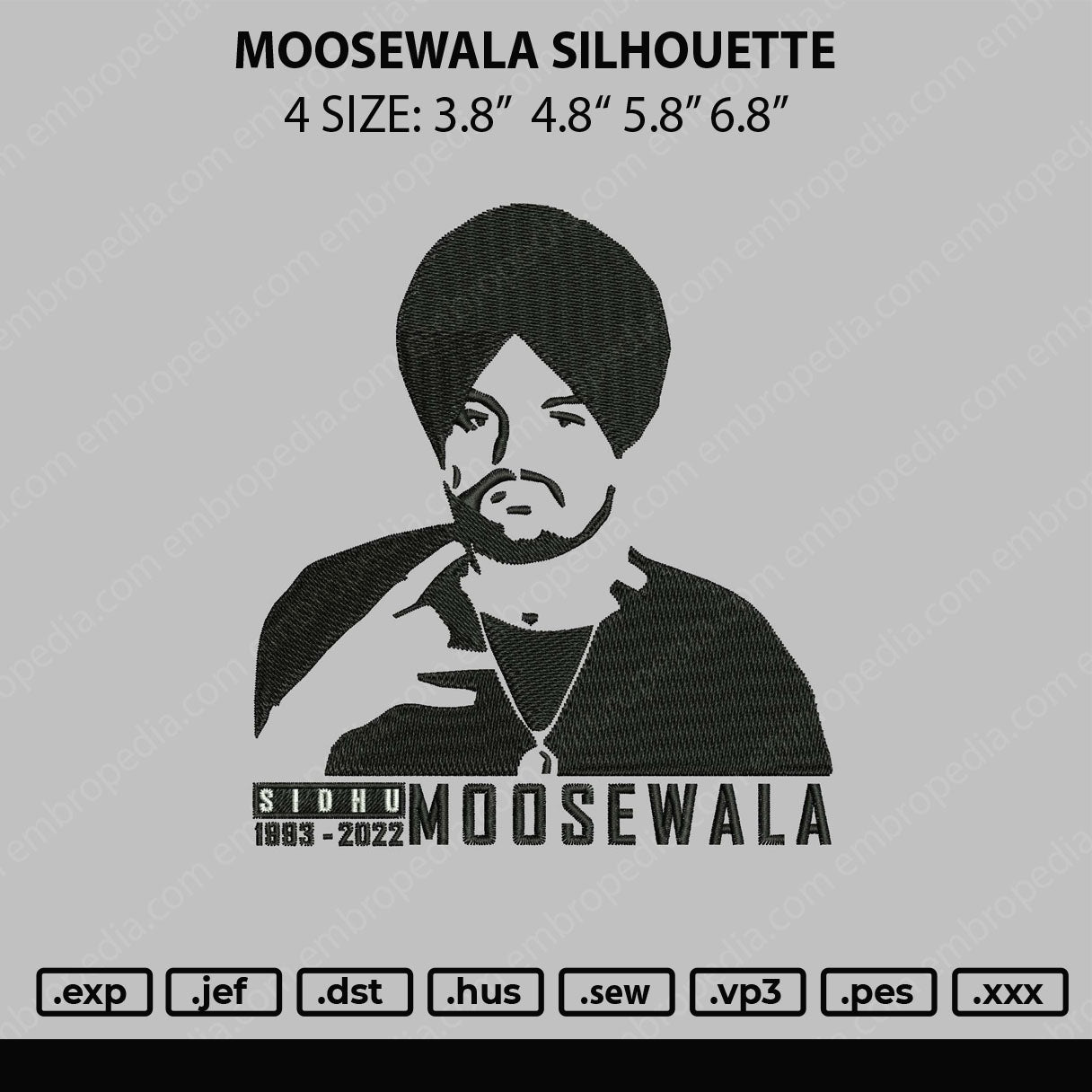 Moosewala Silhouette Embroidery File 4 size