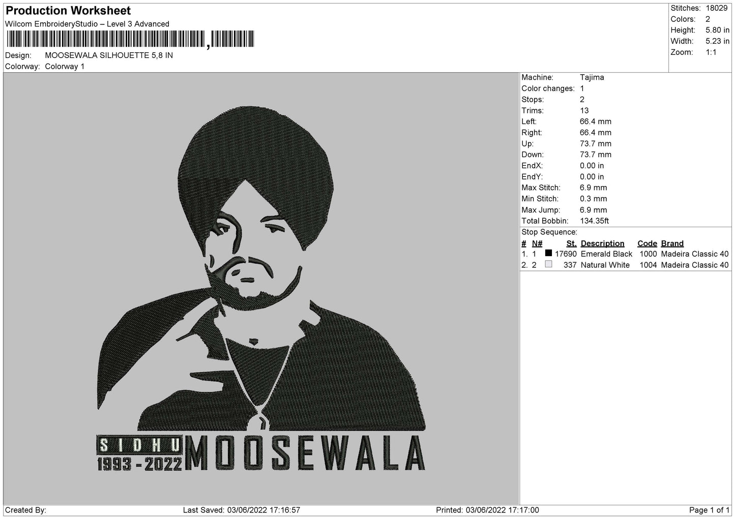 Moosewala Silhouette Embroidery File 4 size