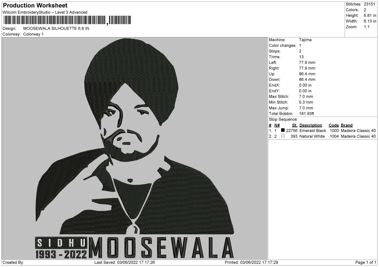 Moosewala Silhouette Embroidery File 4 size