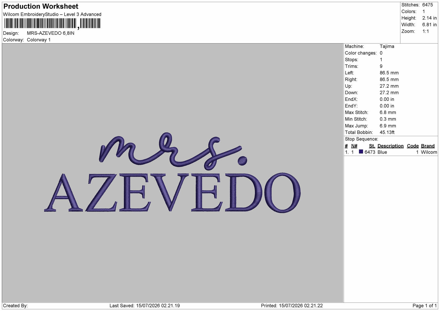 Azevedo Text Embroidery Machine Design File 6 sizes