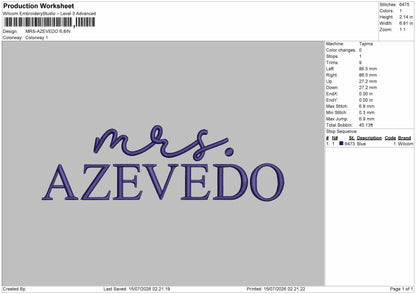Azevedo Text Embroidery Machine Design File 6 sizes