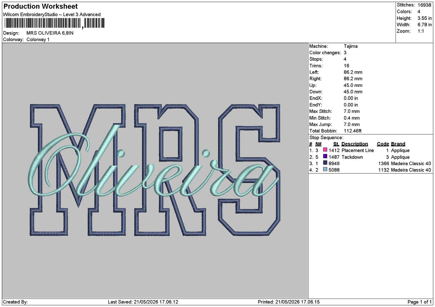 Mrs Oliveira Embroidery Machine Design File 6 sizes