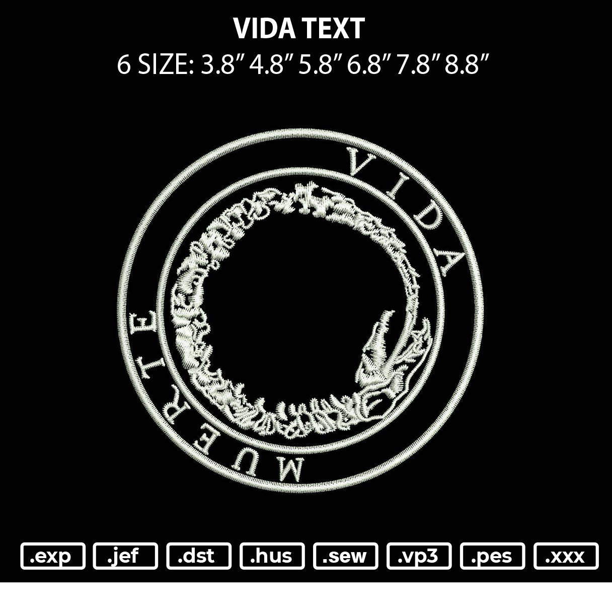 Vida Text Embroidery File 6 sizes