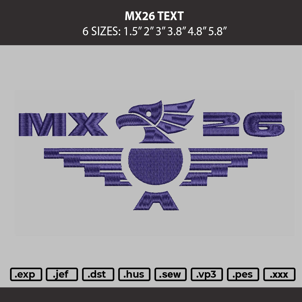 Mx26 Text Embroidery Machine Design File 6 sizes