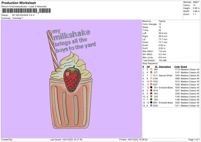 My Milkshake Embroidery File 4 size