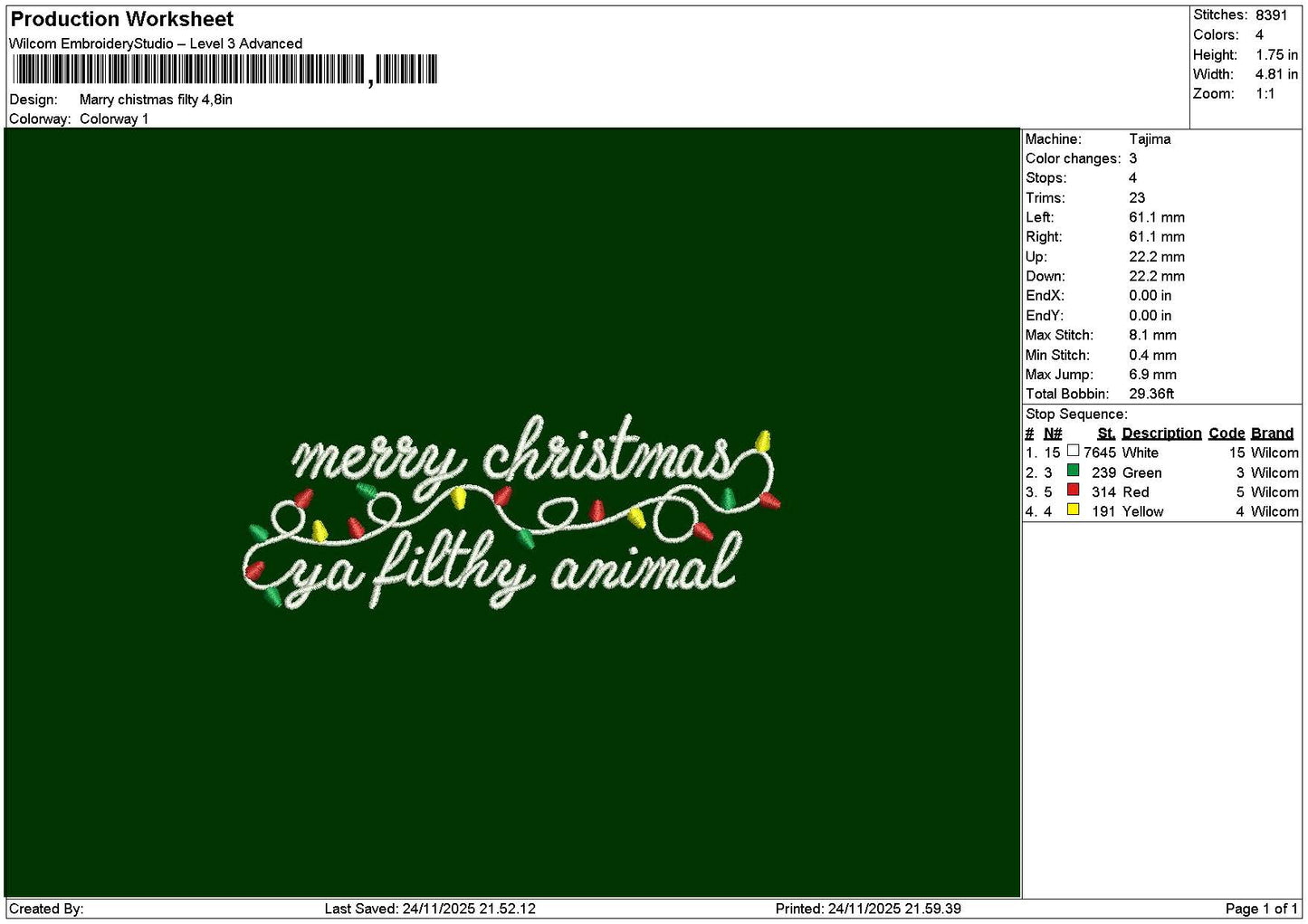 Xmastext 2411 Embroidery File 6 sizes