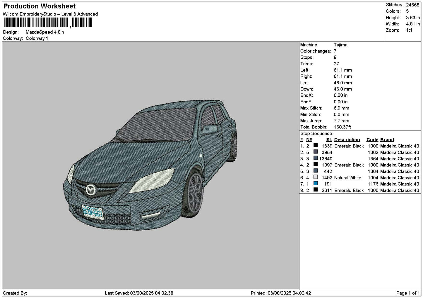 Car 0308 Embroidery File 6 sizes