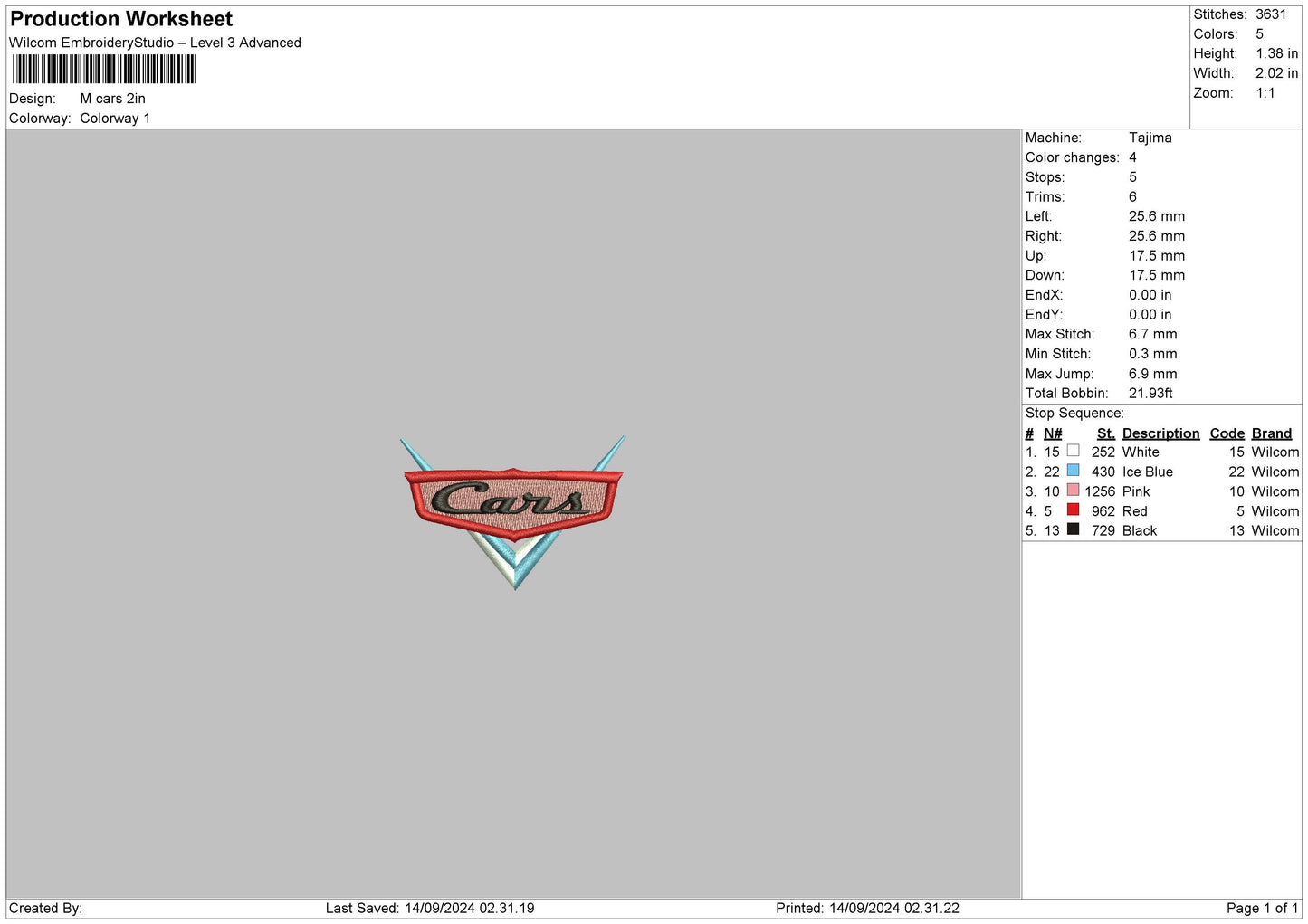 Cars1404 Embroidery File 6 sizes