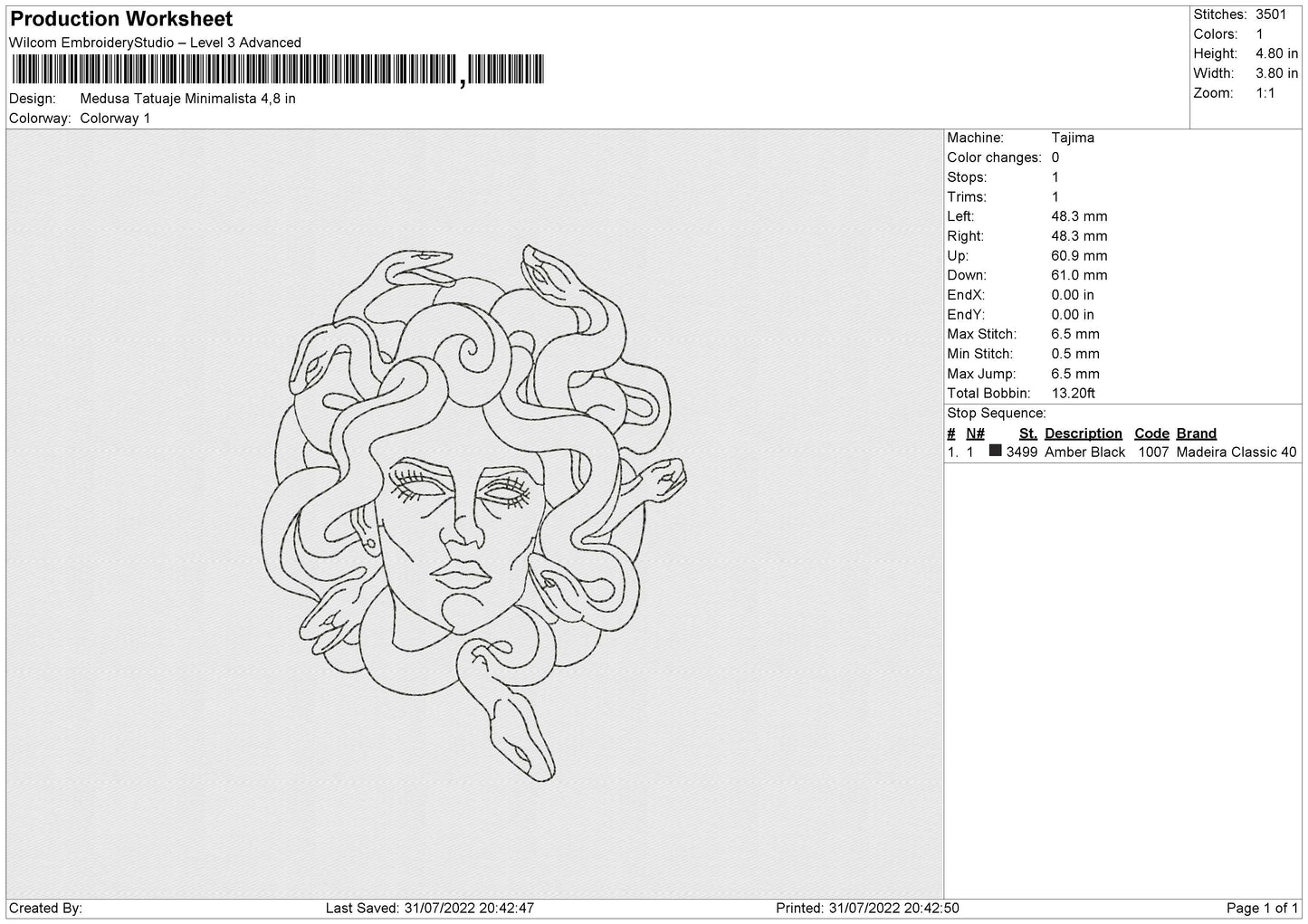 Medusa Tatuaje Minimalista Embroidery File 4 sizes