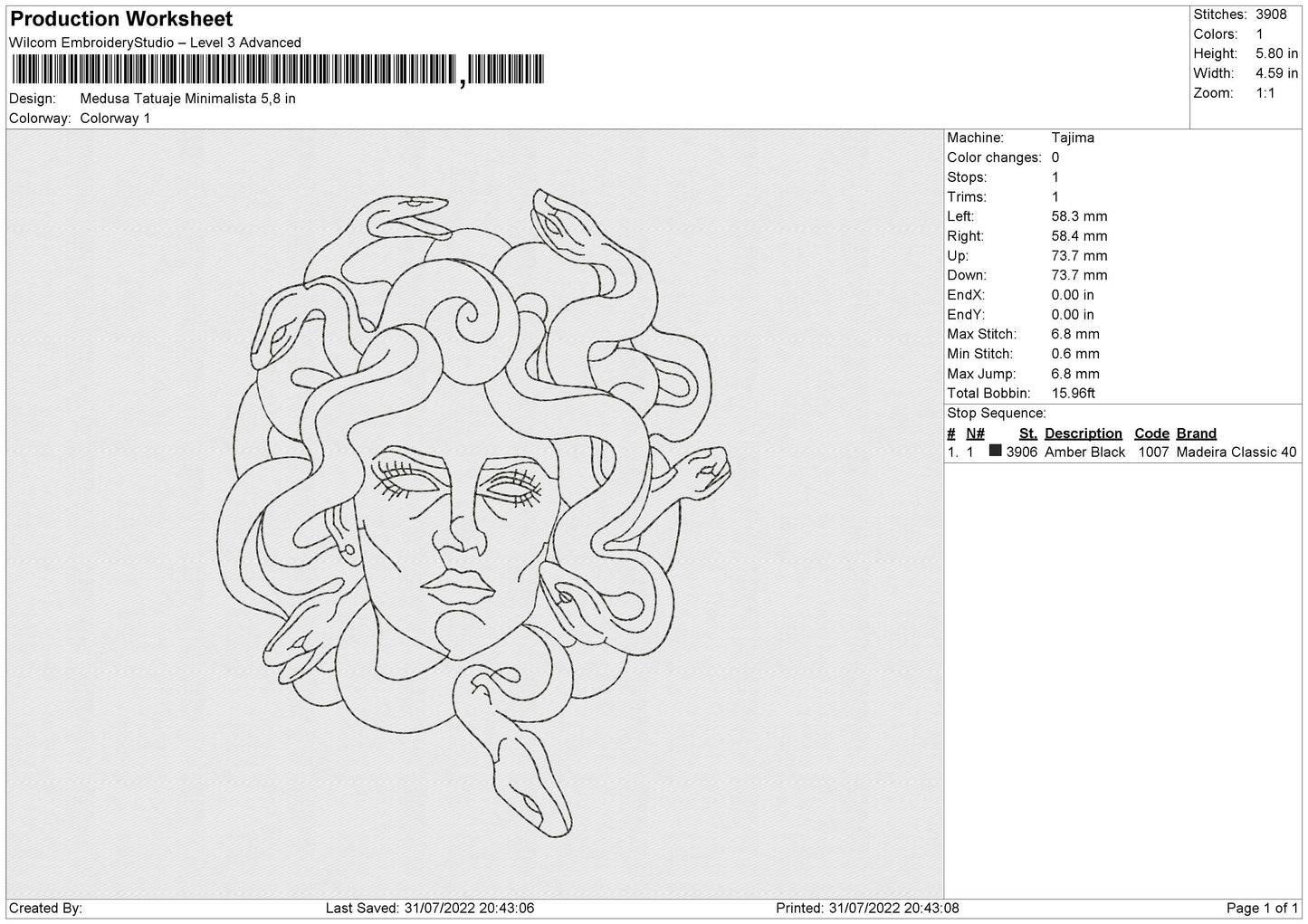 Medusa Tatuaje Minimalista Embroidery File 4 sizes