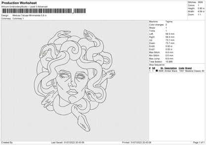 Medusa Tatuaje Minimalista Embroidery File 4 sizes
