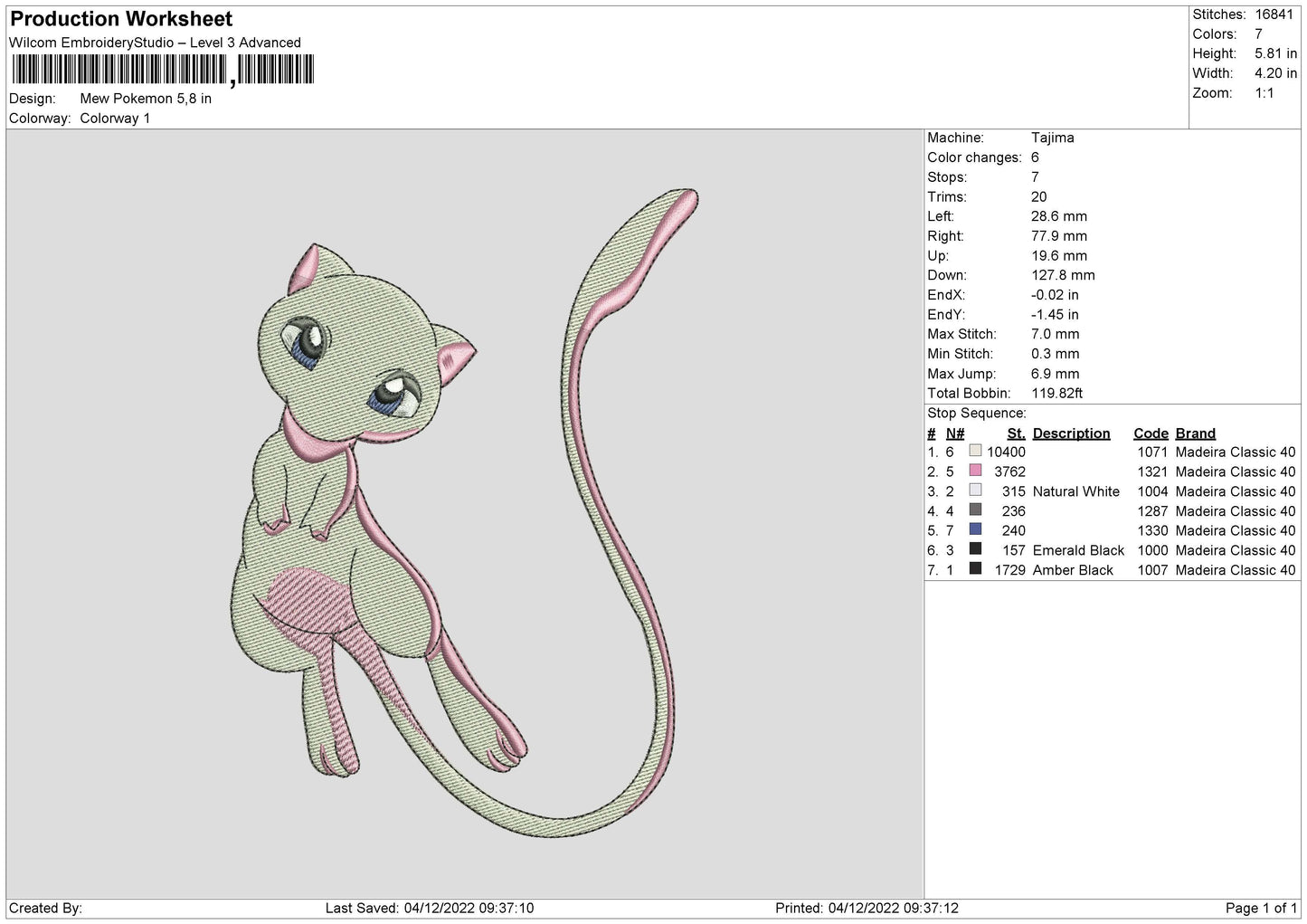 Mew Pokemon 02 Embroidery File 6 sizes