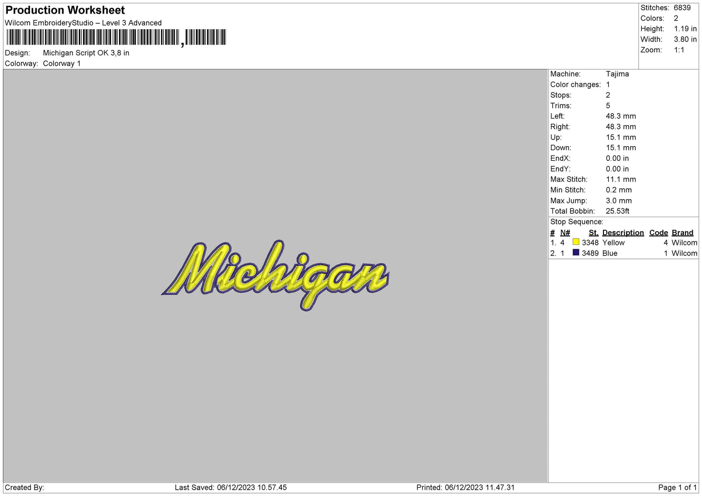 Michigan01 Embroidery File 6 sizes