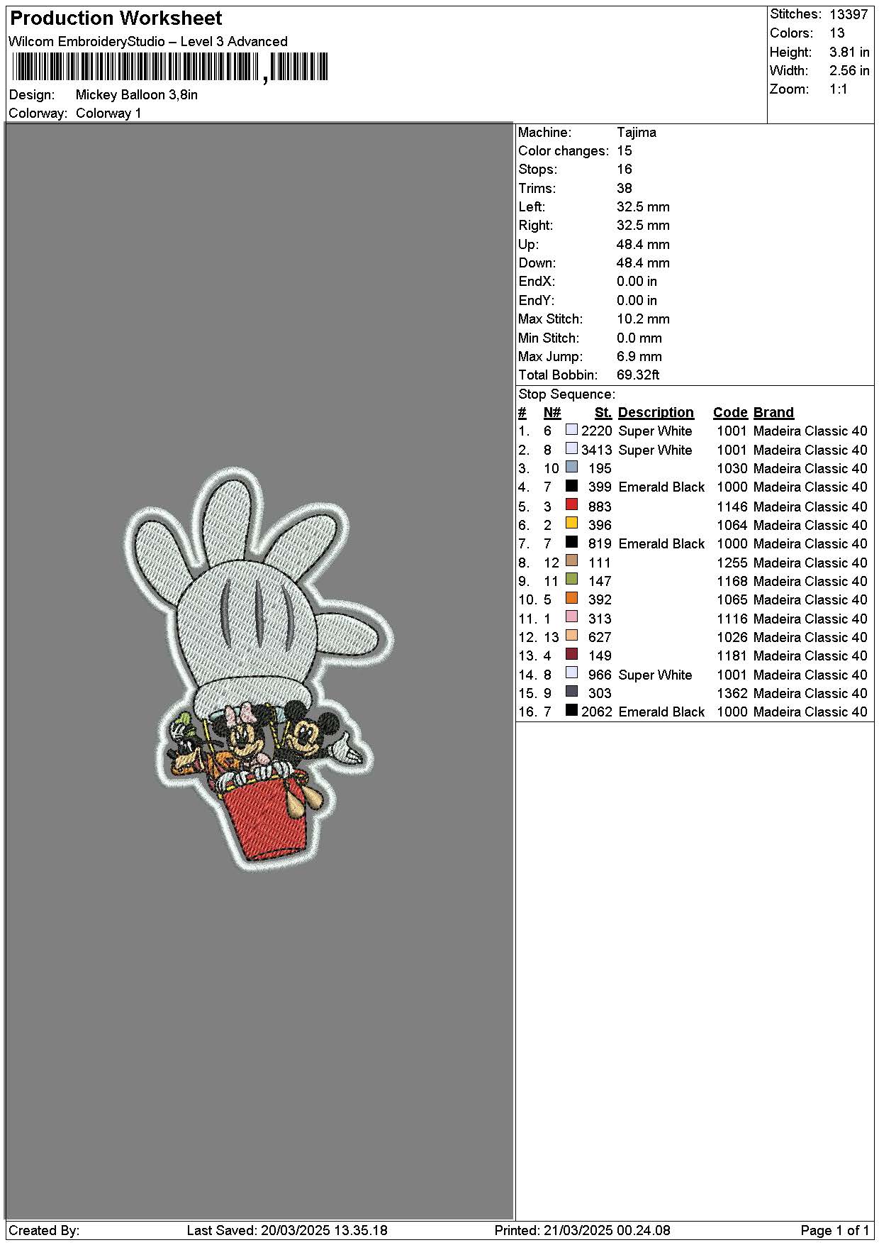 Mickey Balloon Patch Embroidery File 6 sizes