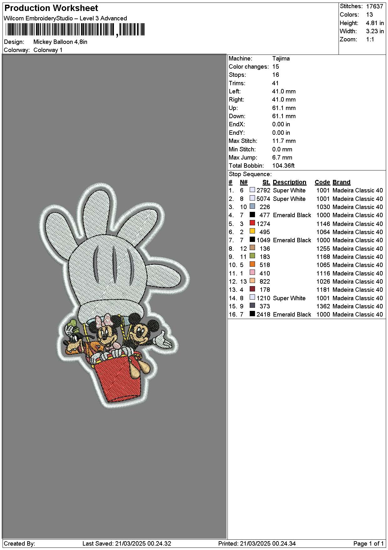 Mickey Balloon Patch Embroidery File 6 sizes