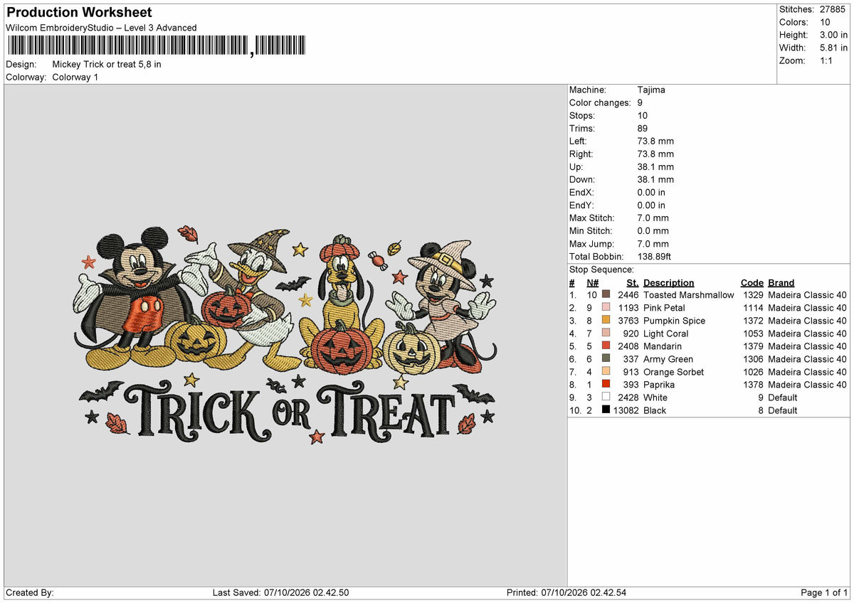 Mickey 0710 Treat Embroidery Machine Design File 6 sizes