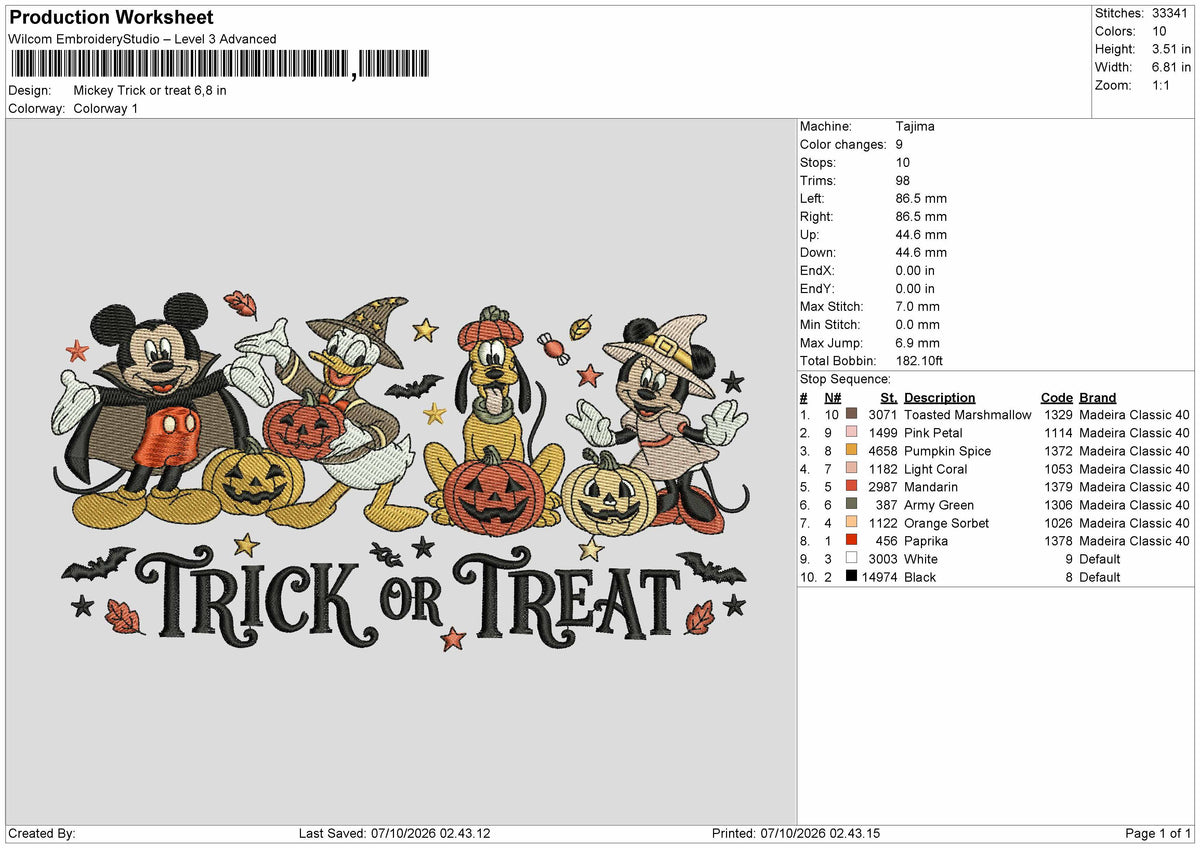 Mickey 0710 Treat Embroidery Machine Design File 6 sizes