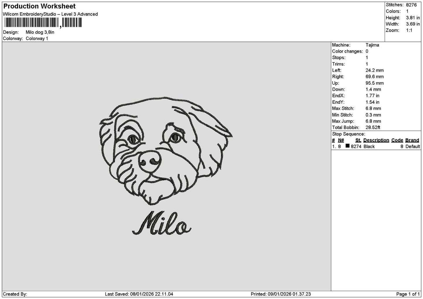 Milo Dog 01 Embroidery File 6 sizes