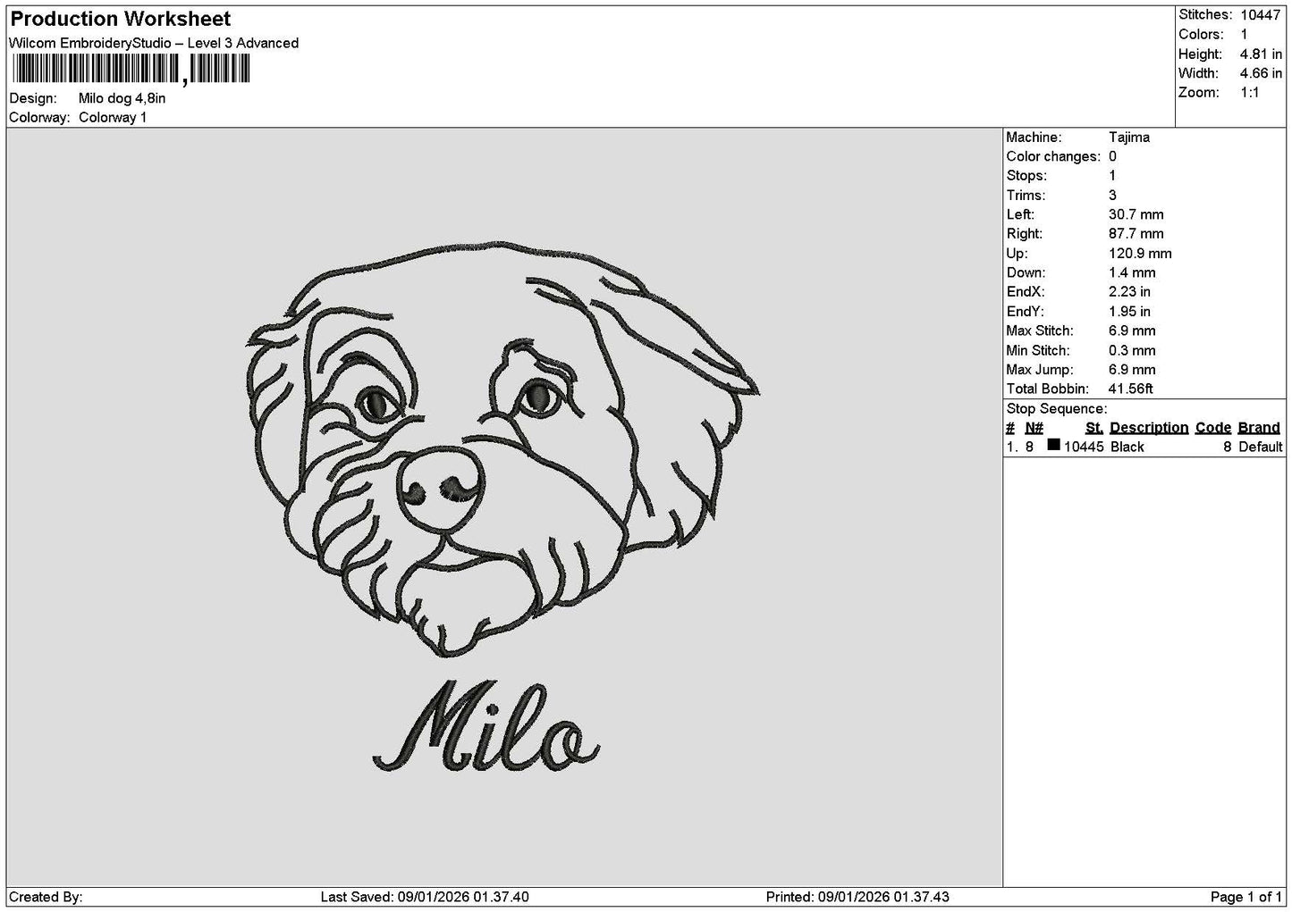 Milo Dog 01 Embroidery File 6 sizes