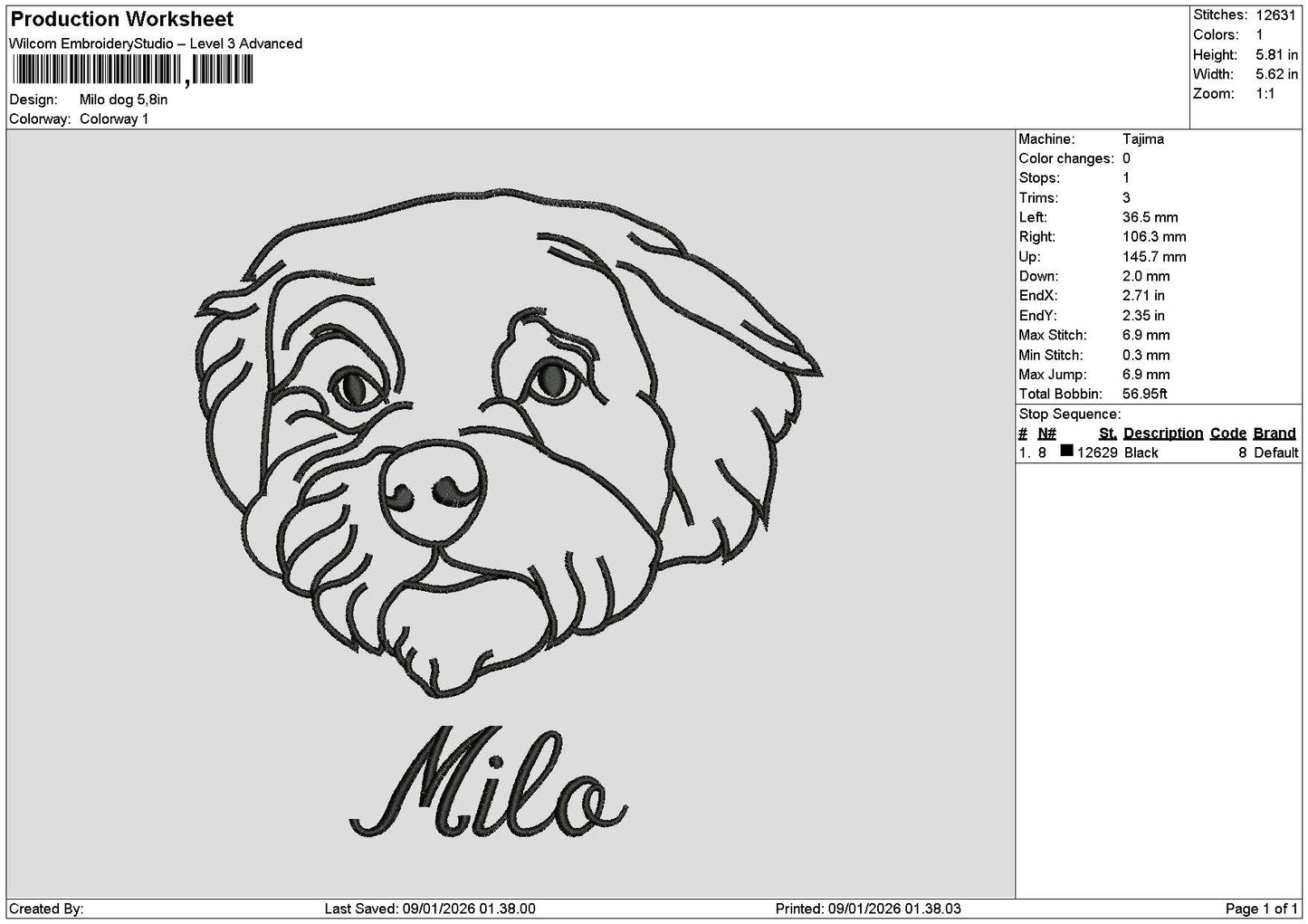 Milo Dog 01 Embroidery File 6 sizes