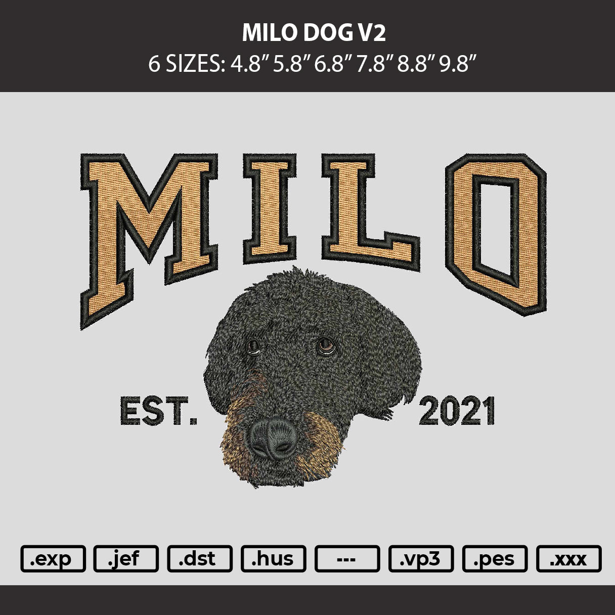 Milo Dog V2 Embroidery Machine Design File 6 sizes