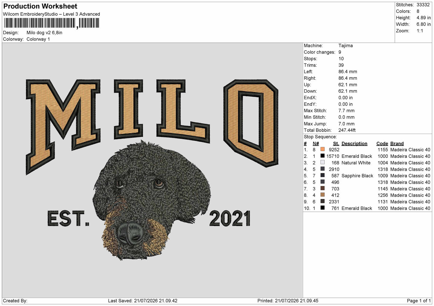 Milo Dog V2 Embroidery Machine Design File 6 sizes