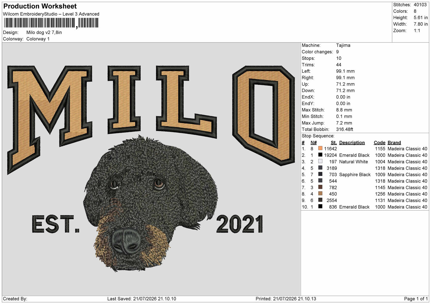 Milo Dog V2 Embroidery Machine Design File 6 sizes