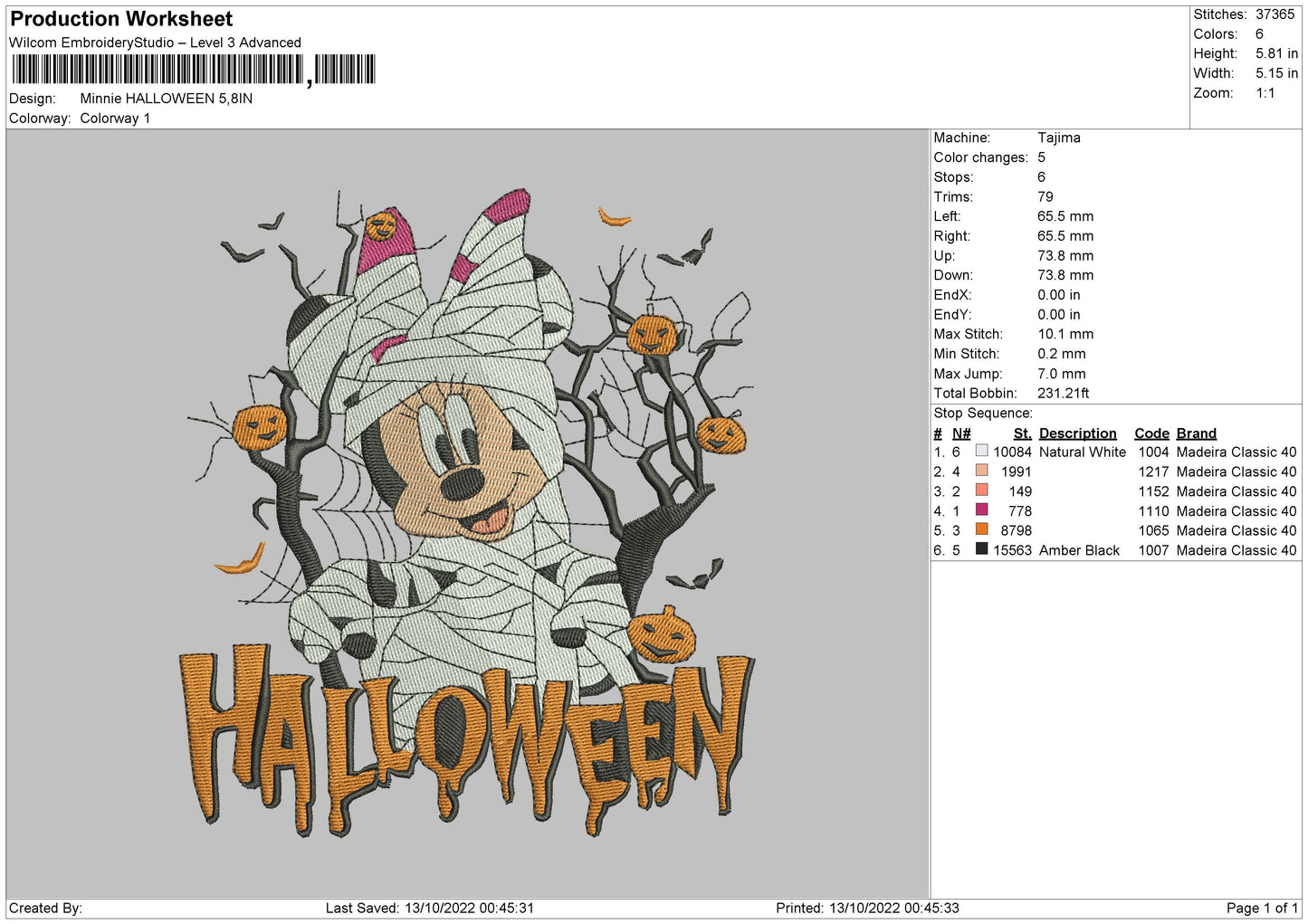 Minnie Halloween 02 Embroidery File 6 sizes