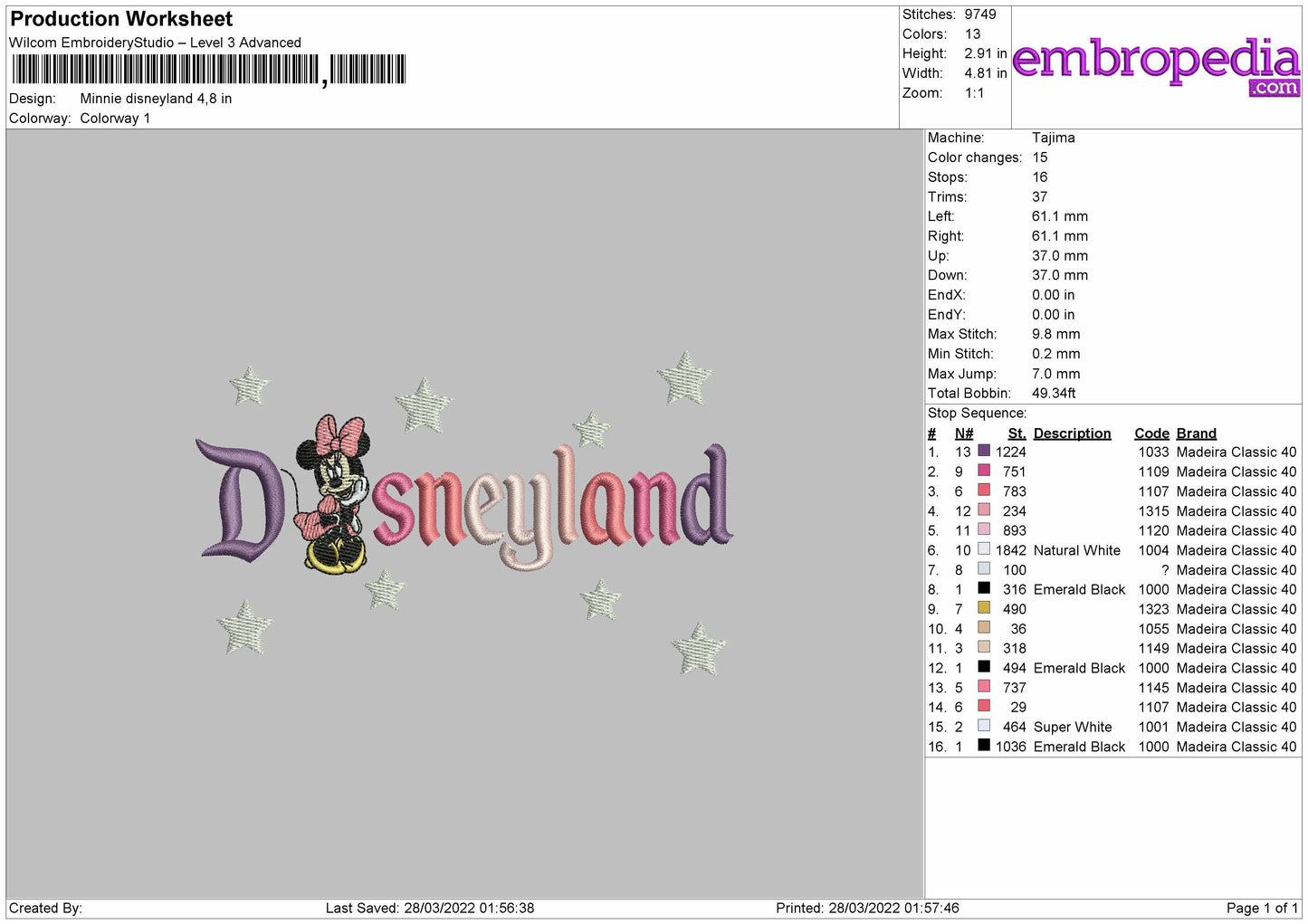 Minnie Disneyland Embroidery File 4 size