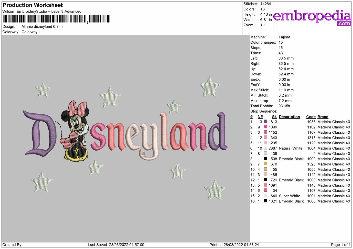 Minnie Disneyland Embroidery File 4 size