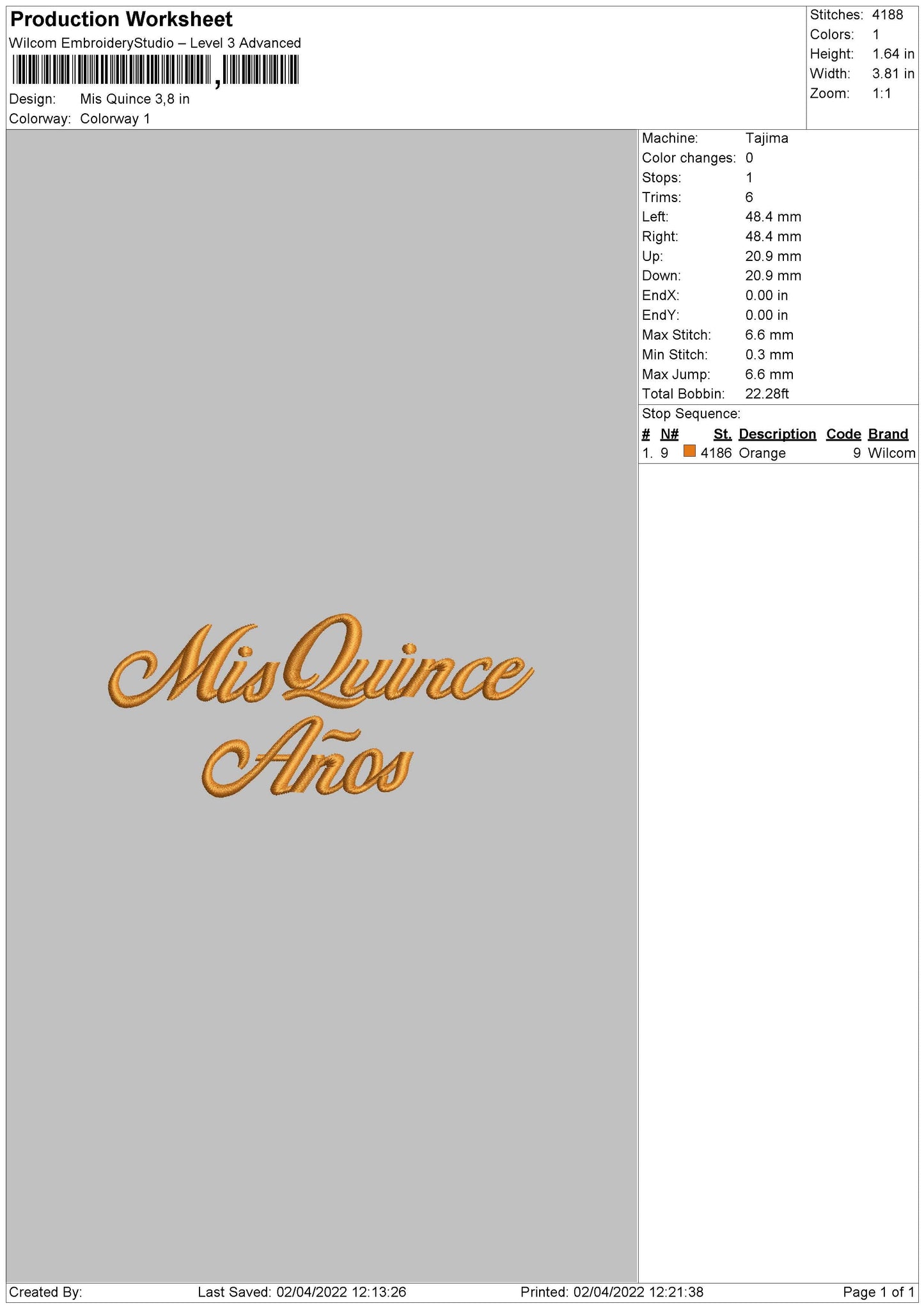 Mis Quince Embroidery File 4 size