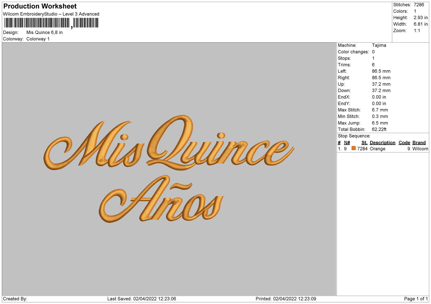 Mis Quince Embroidery File 4 size