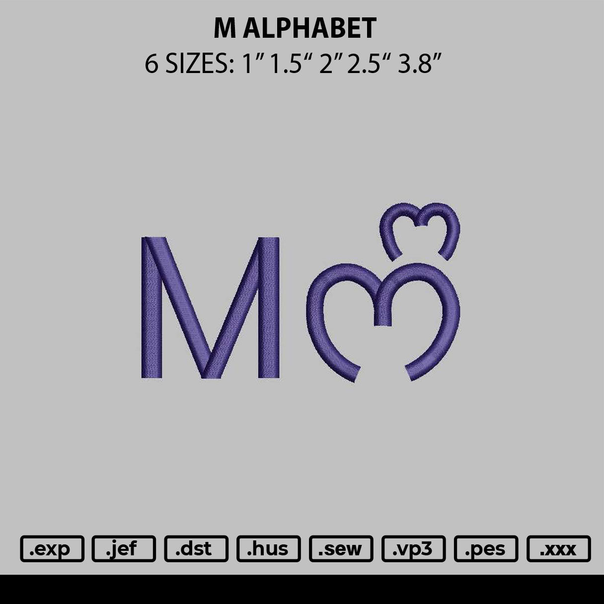 Letter M Alphabet Embroidery Machine File, 6 Sizes