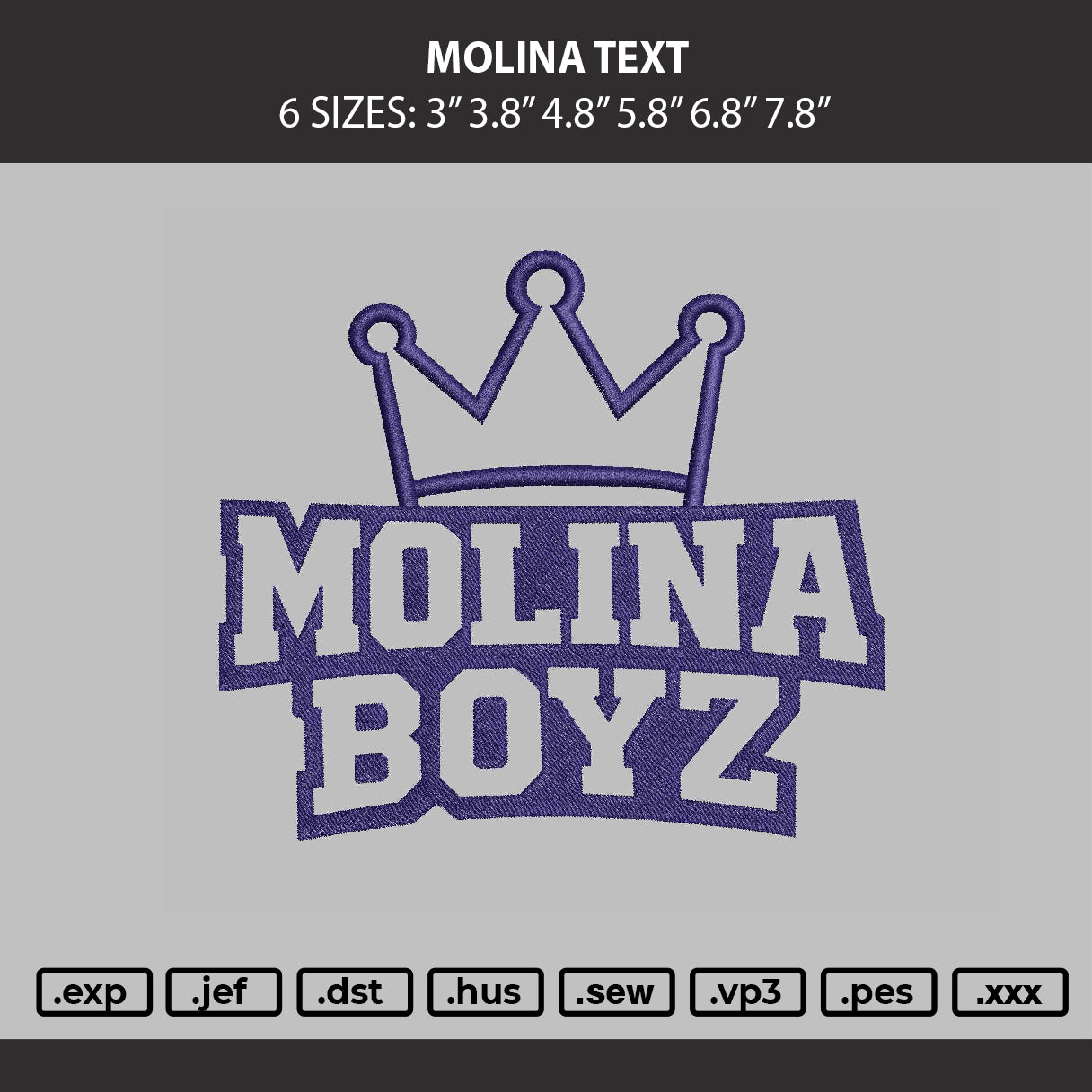 Molina Text Embroidery Machine Design File 6 sizes