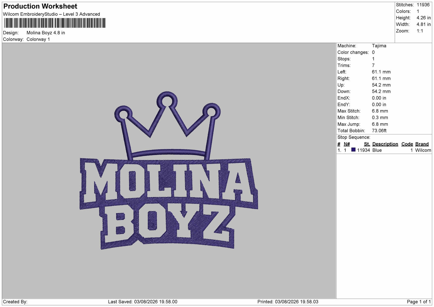 Molina Text Embroidery Machine Design File 6 sizes