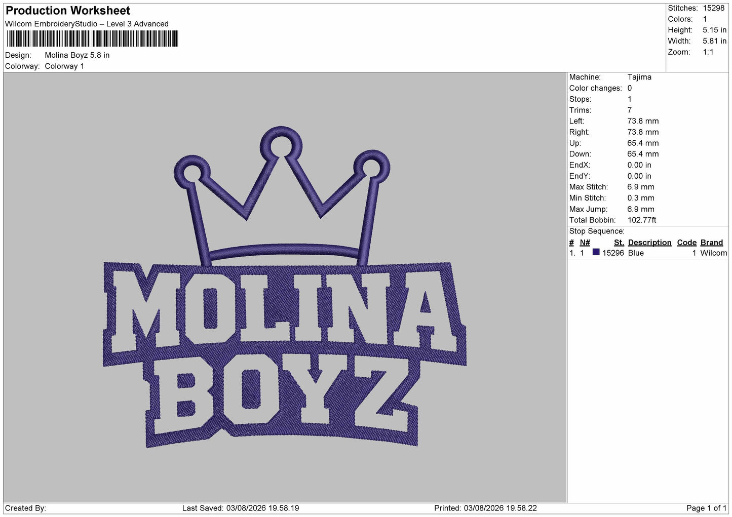 Molina Text Embroidery Machine Design File 6 sizes