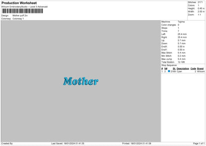Mother Text Puff Embroidery File 6 sizes
