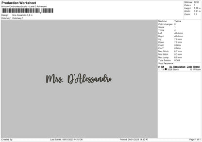 Mrs Alessandro Embroidery File 6 sizes