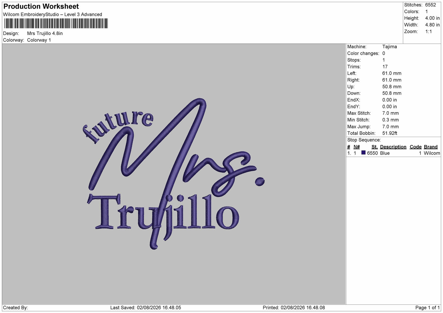 Trujillo Text Embroidery Machine Design File 6 sizes