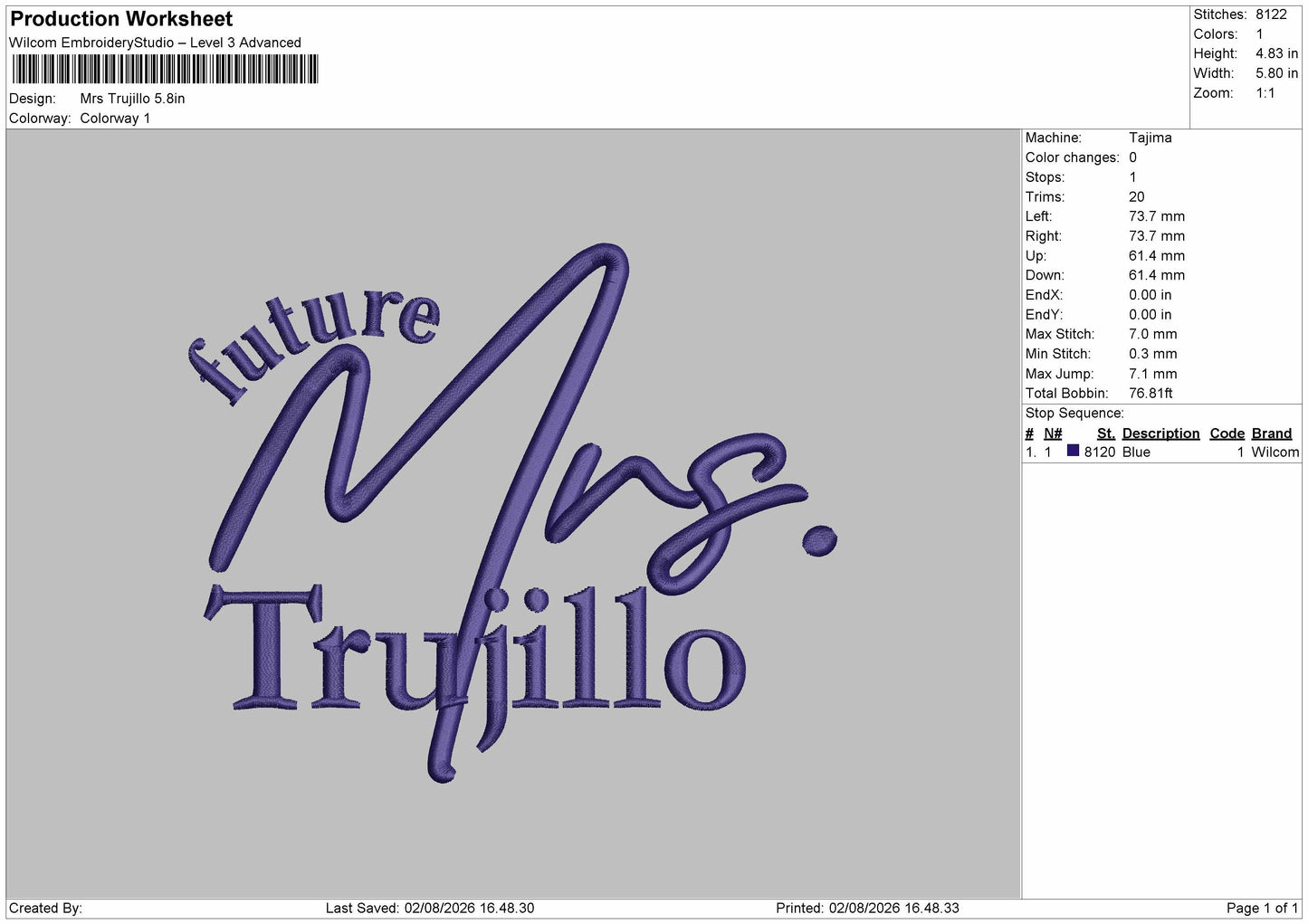 Trujillo Text Embroidery Machine Design File 6 sizes