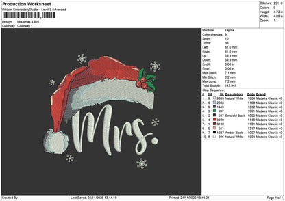 Mrmrs Xmas Embroidery File 6 sizes