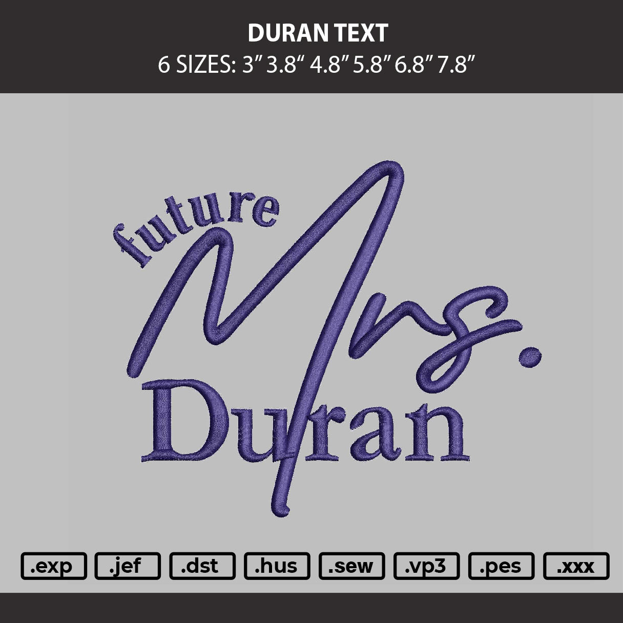 Duran Text Embroidery Machine Design File 6 sizes